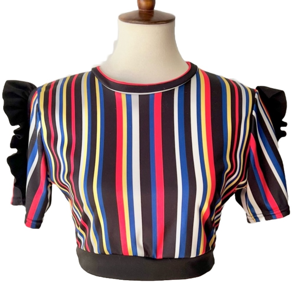 Striped Crop Top Short Sleeves With Ruffles Red Black Yellow Blue White